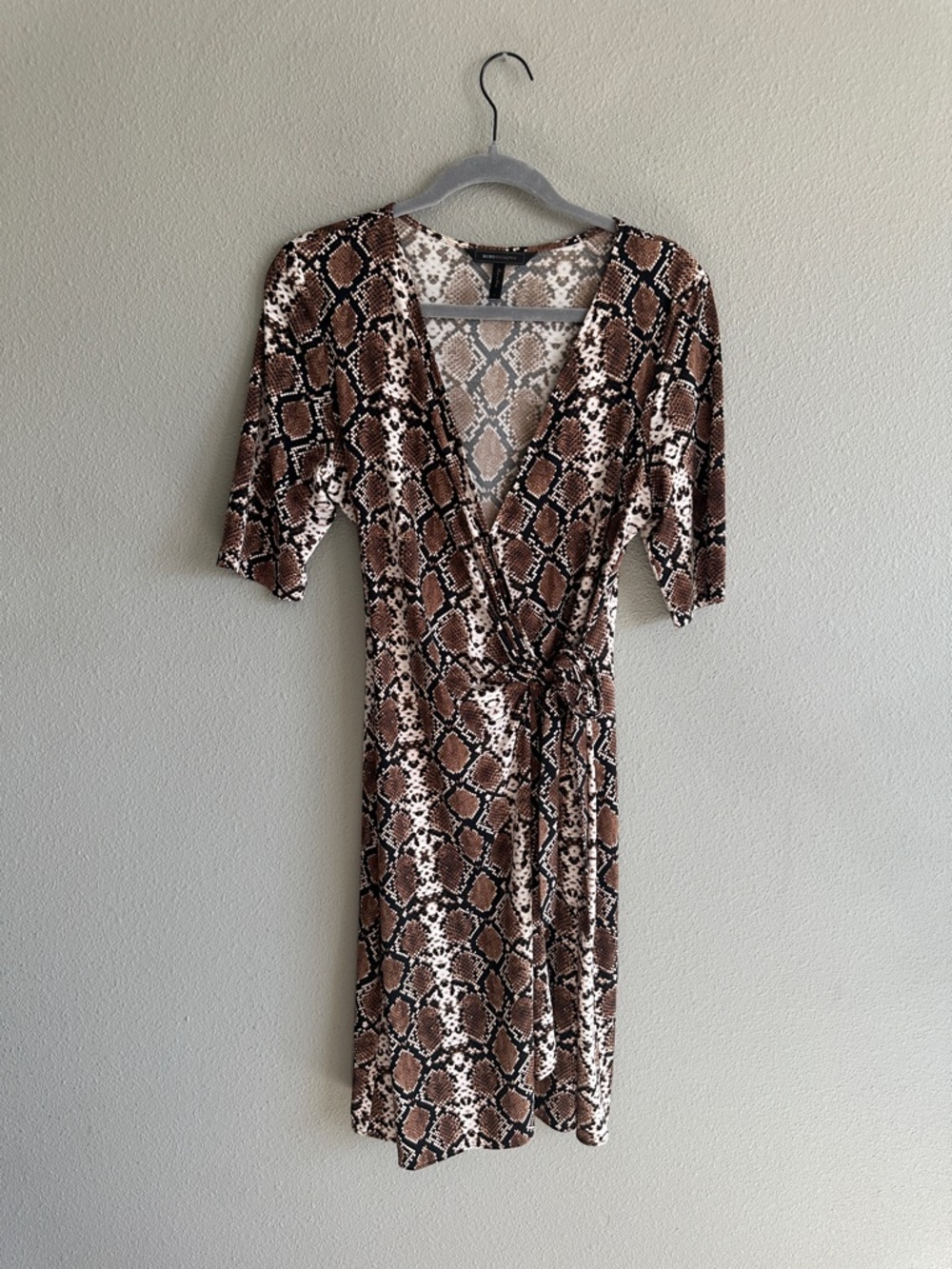 BCBGMaxAzria Brown and Cream Snake-Print Wrap Midi Dress Large